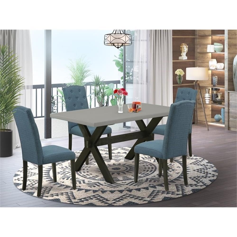 East West Furniture X696Ce121-5 5 Piece Dining Room Table Set Includes A Rectangle Kitchen Table With X-Legs And 4 Mineral Blue Linen Fabric Parson Dining Chairs, 36X60 Inch, Multi-Color